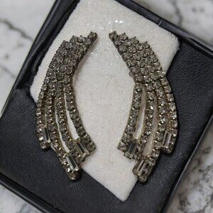 Large Clear Rhinestone Spray Pierced Evening Baguette Statement Earrings Vintage